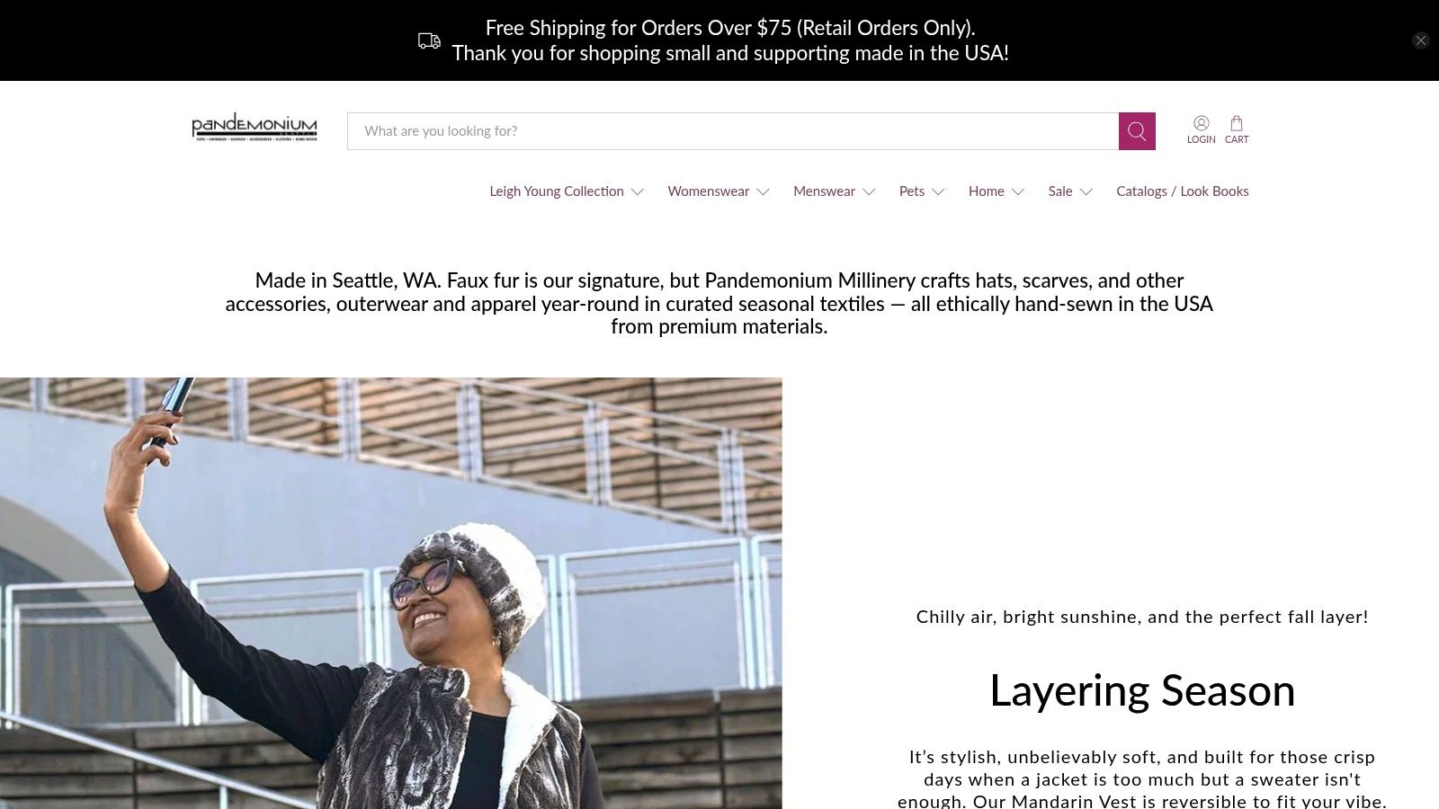 Woman wearing handmade faux-fur winter hat in Seattle