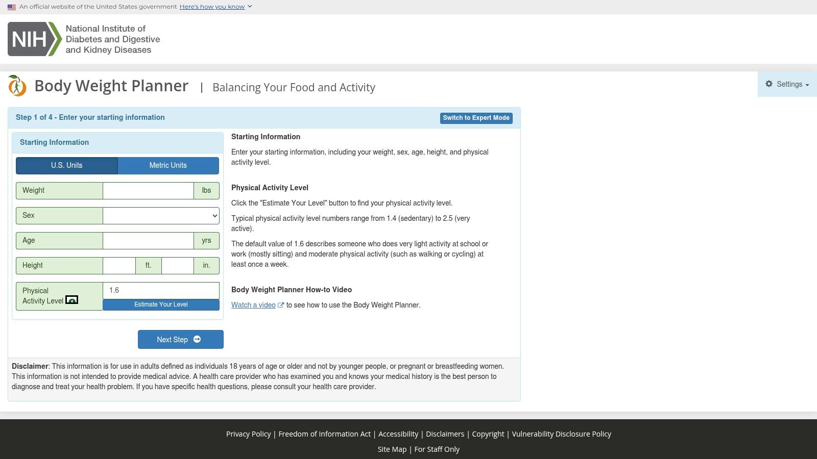 NIH and NIDDK Body Weight Planner