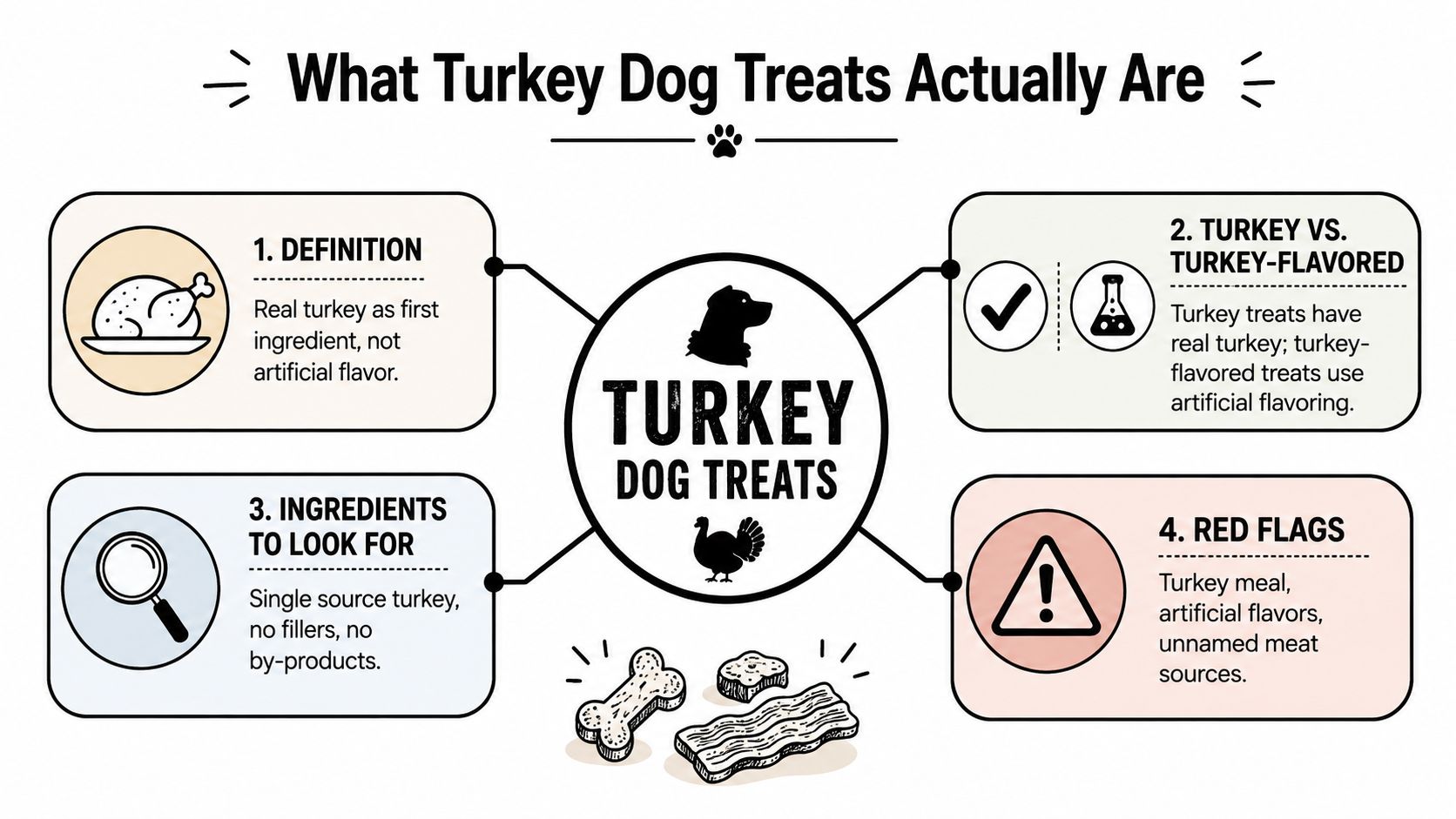 An infographic titled What Turkey Dog Treats Actually Are, illustrating ingredients, quality indicators, and red flags.