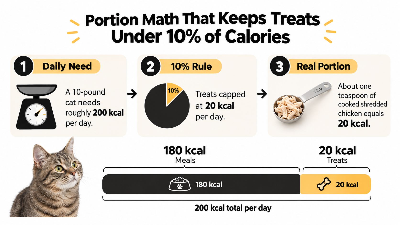 An infographic explaining the 10 percent rule for feeding treats to a ten pound cat daily.
