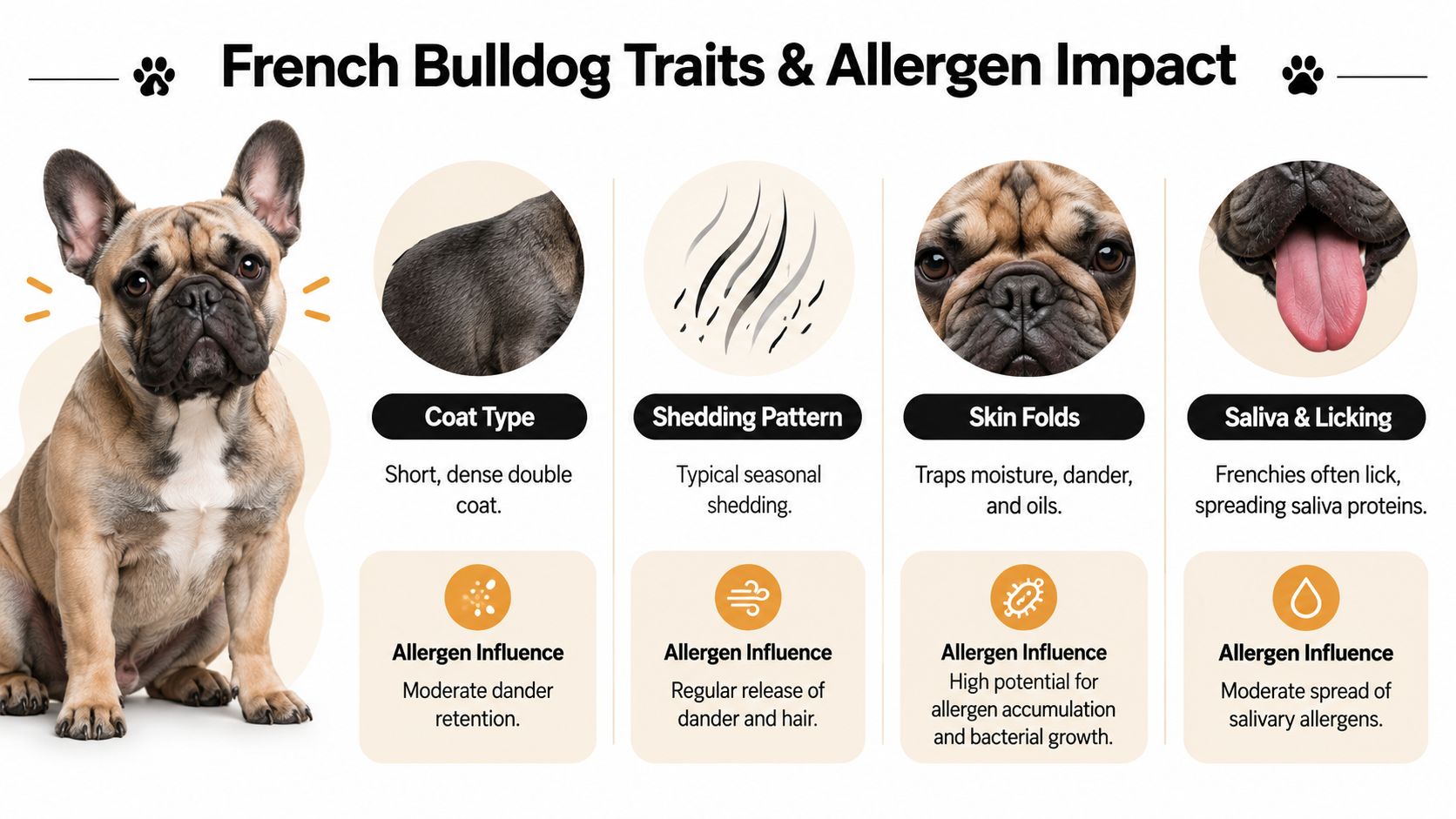 An infographic detailing French Bulldog traits and how their coat, shedding, skin folds, and saliva affect allergens.