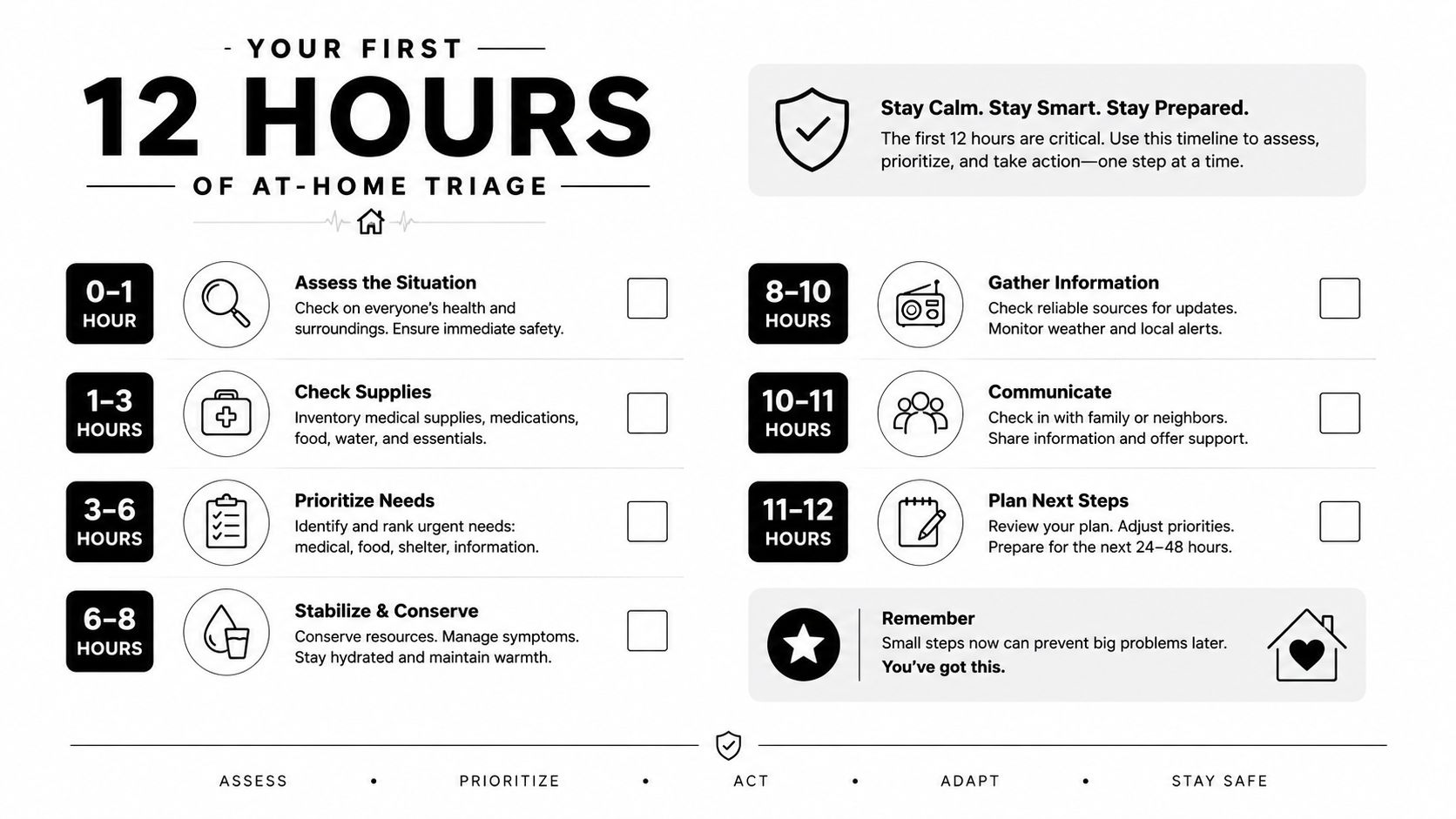 An infographic titled Your First 12 Hours of At-Home Triage detailing hourly emergency preparedness steps.