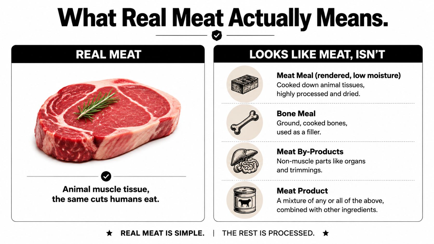 An infographic comparing real animal muscle tissue to processed meat ingredients commonly found in pet foods.