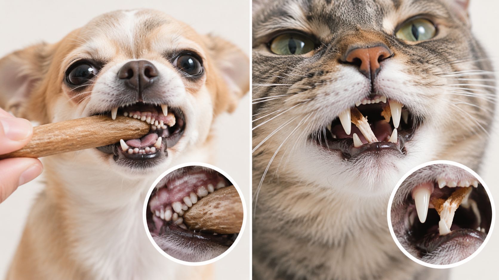 A close-up view of a Chihuahua and a tabby cat biting into dental cleaning sticks for pets.
