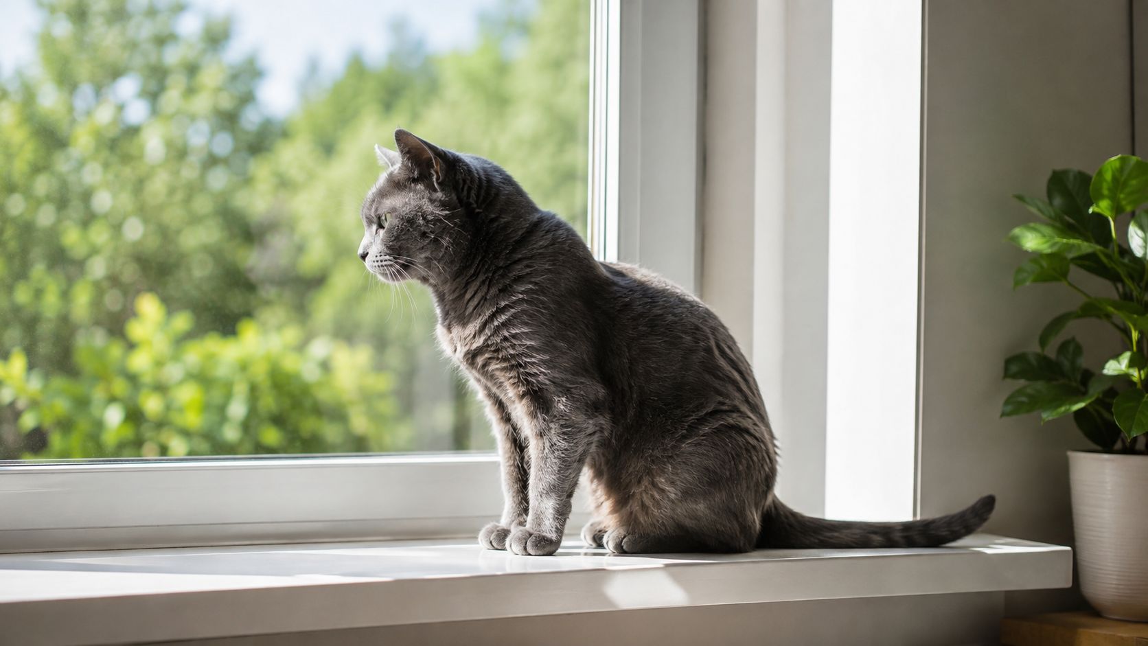 A gray cat sits peacefully on a sunny windowsill, looking out at the lush green garden scenery.