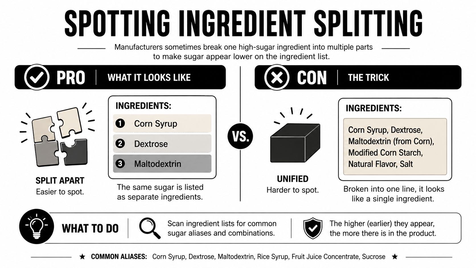 An infographic explaining how manufacturers use ingredient splitting to hide high sugar content in food labels.
