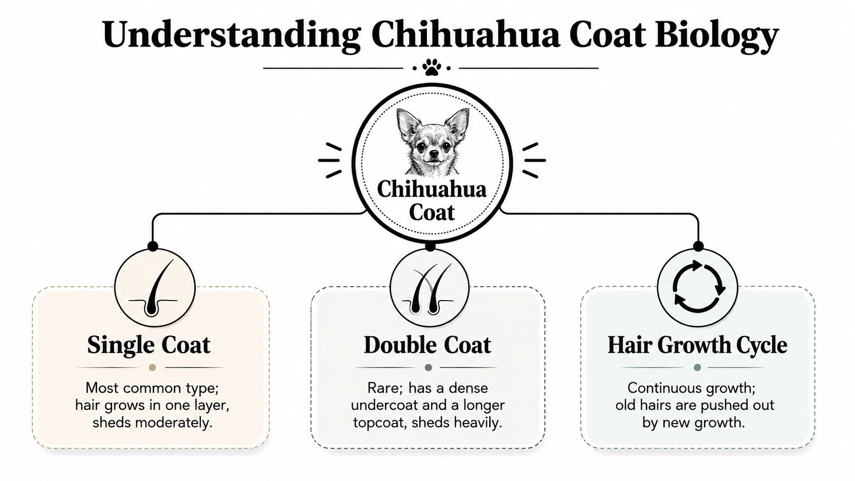 An infographic titled Understanding Chihuahua Coat Biology explaining single coats, double coats, and hair growth cycles.