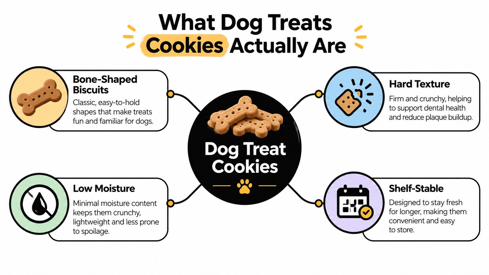 An infographic detailing the four key characteristics of dog treat cookies: bone-shaped, hard texture, low moisture, and shelf-stable.