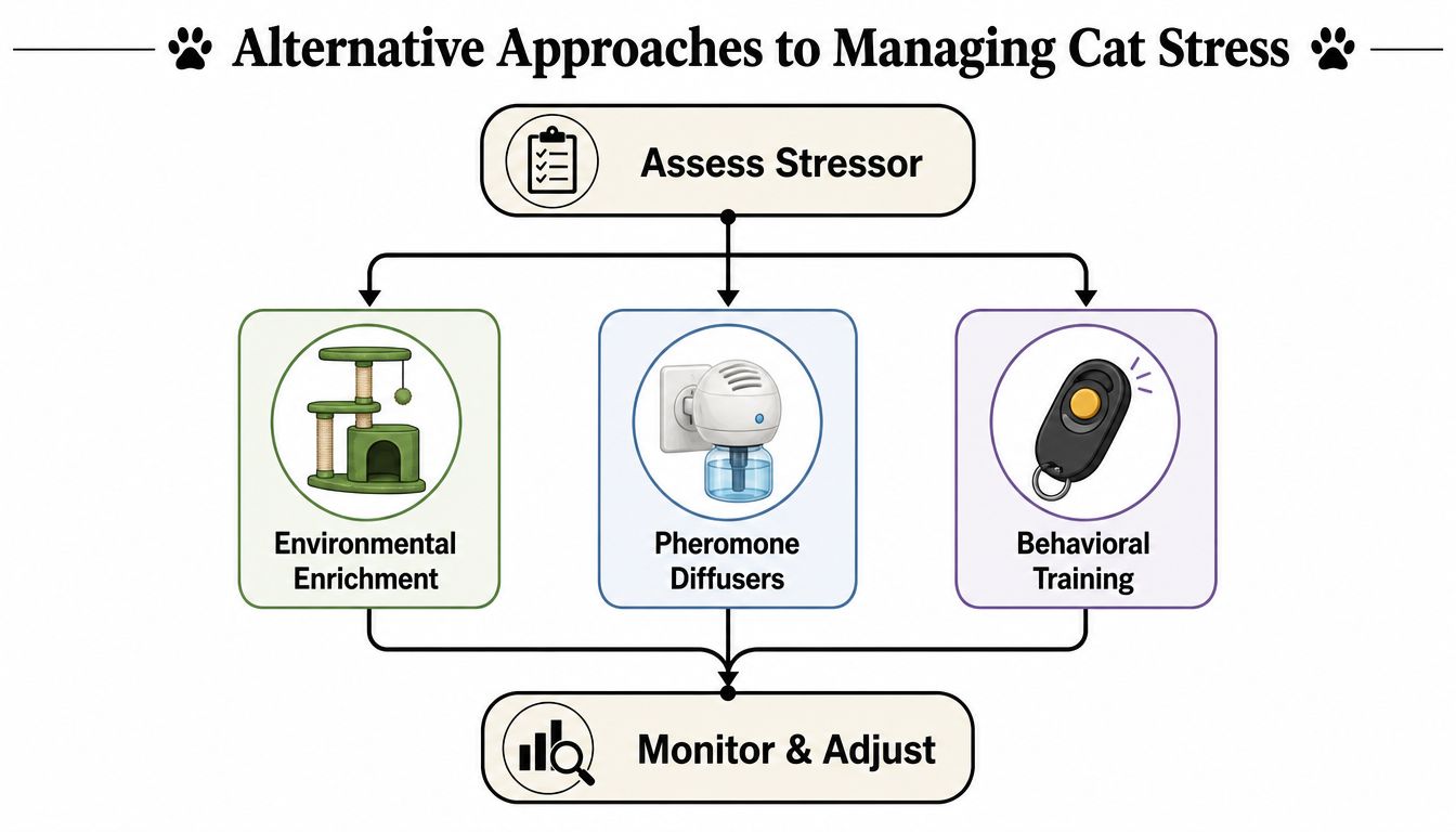 A flowchart diagram illustrating strategies for managing cat stress including assessment, enrichment, pheromones, and behavioral training.