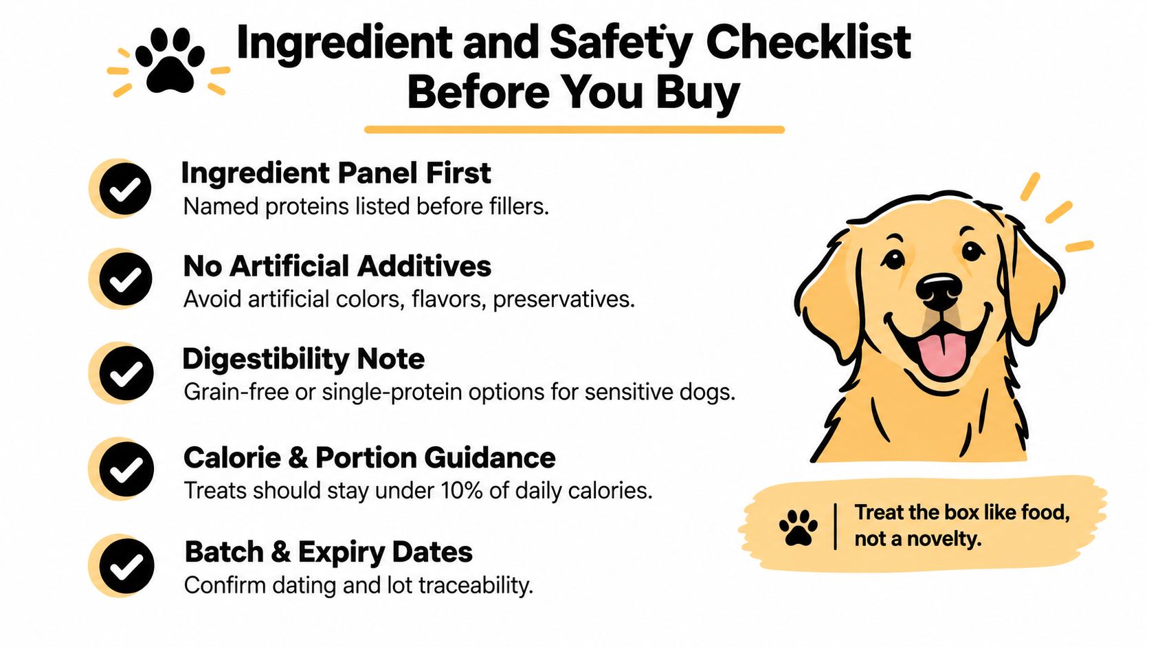 An infographic checklist for choosing healthy and safe treats for your dog before purchasing.