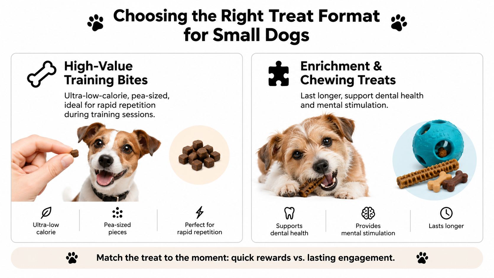 An infographic showing how to choose between bite-sized training treats and long-lasting chewing treats for small dogs.