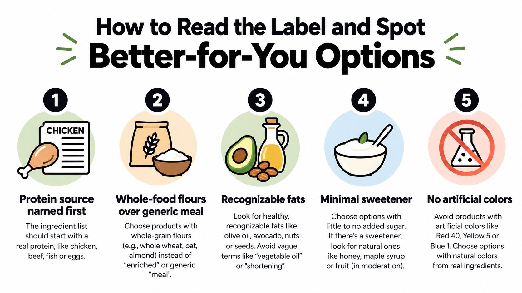 An infographic titled How to Read the Label and Spot Better-for-You Options with five numbered steps.