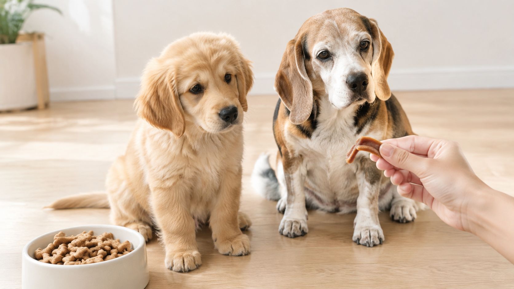 A golden retriever puppy and a beagle waiting for treats held in a person's hand.