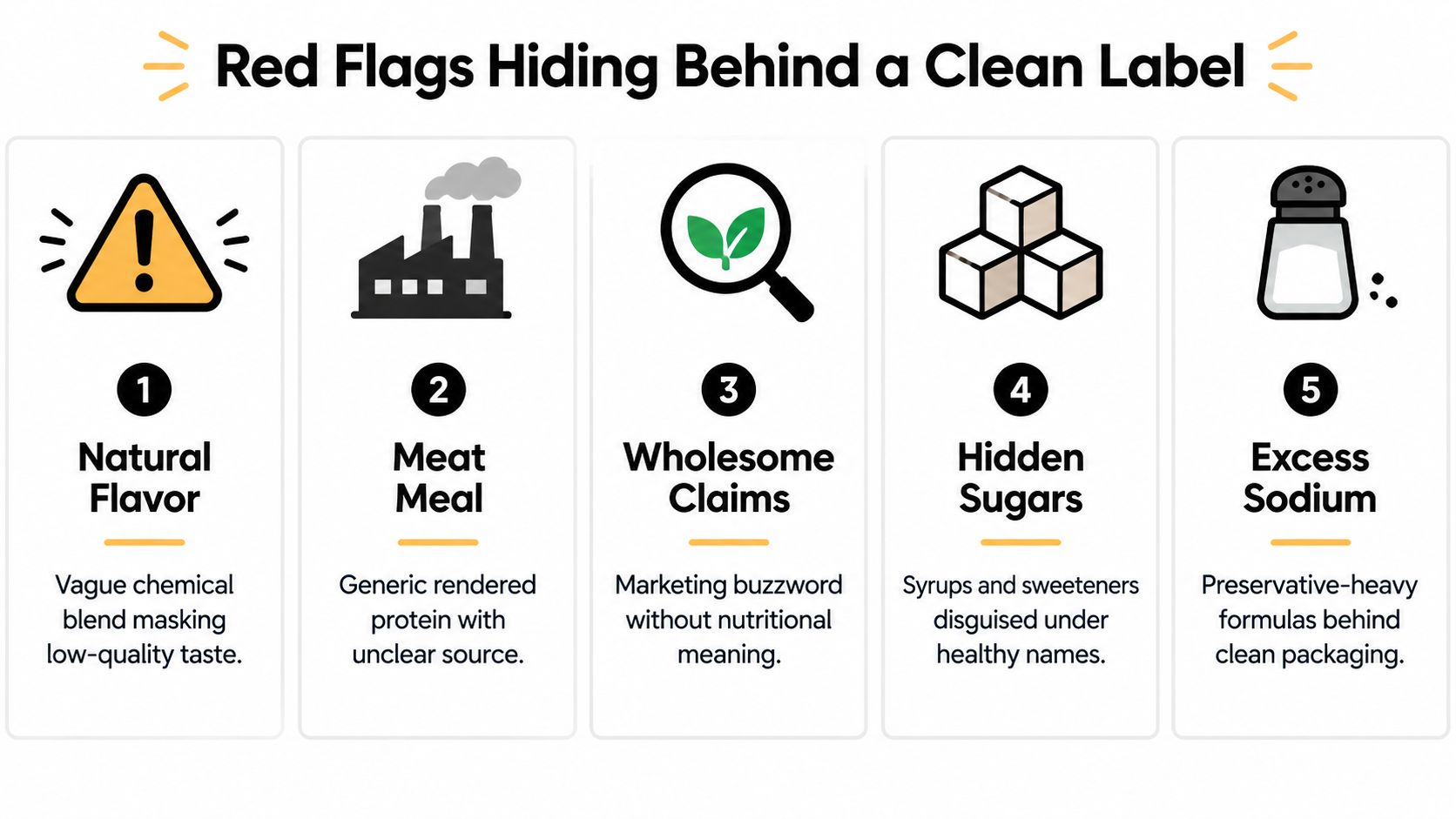 An infographic detailing five red flags in food labeling including natural flavors, meat meal, and hidden sugars.