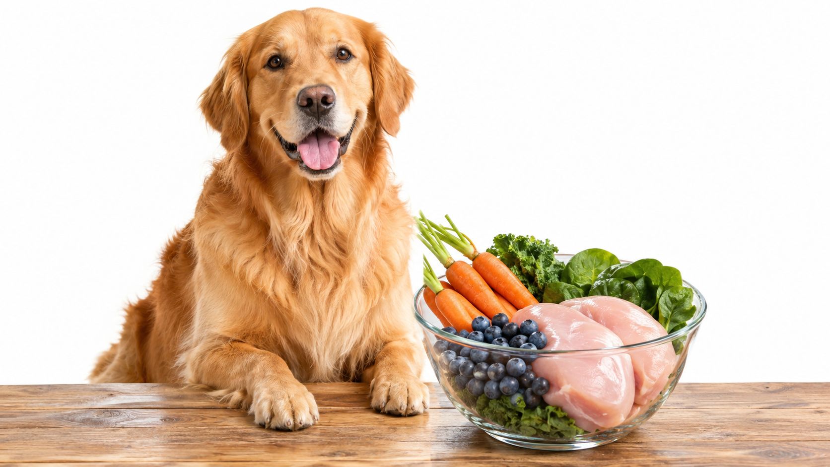 A happy golden retriever sitting next to a glass bowl filled with fresh chicken, carrots, and blueberries.
