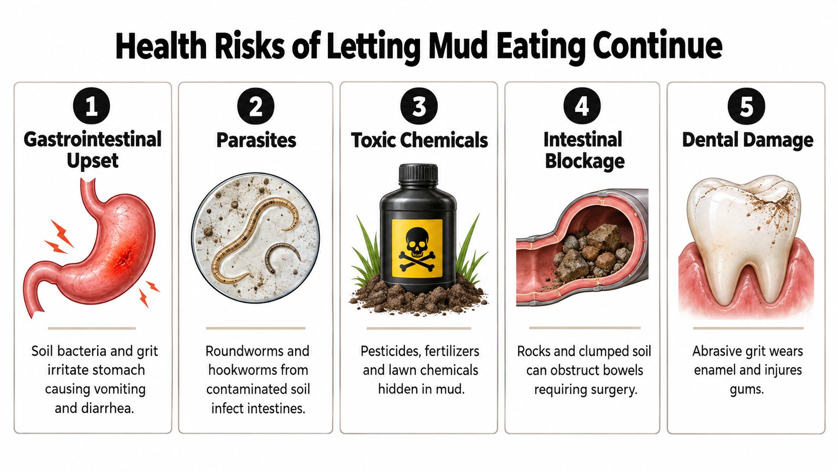 An infographic detailing the five major health risks to dogs caused by the habit of eating mud.