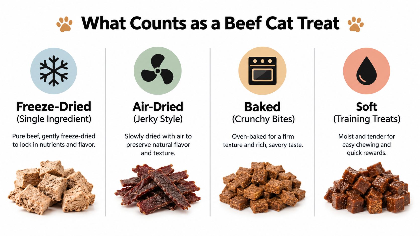 An infographic showing four different types of beef cat treats: freeze-dried, air-dried, baked, and soft treats.