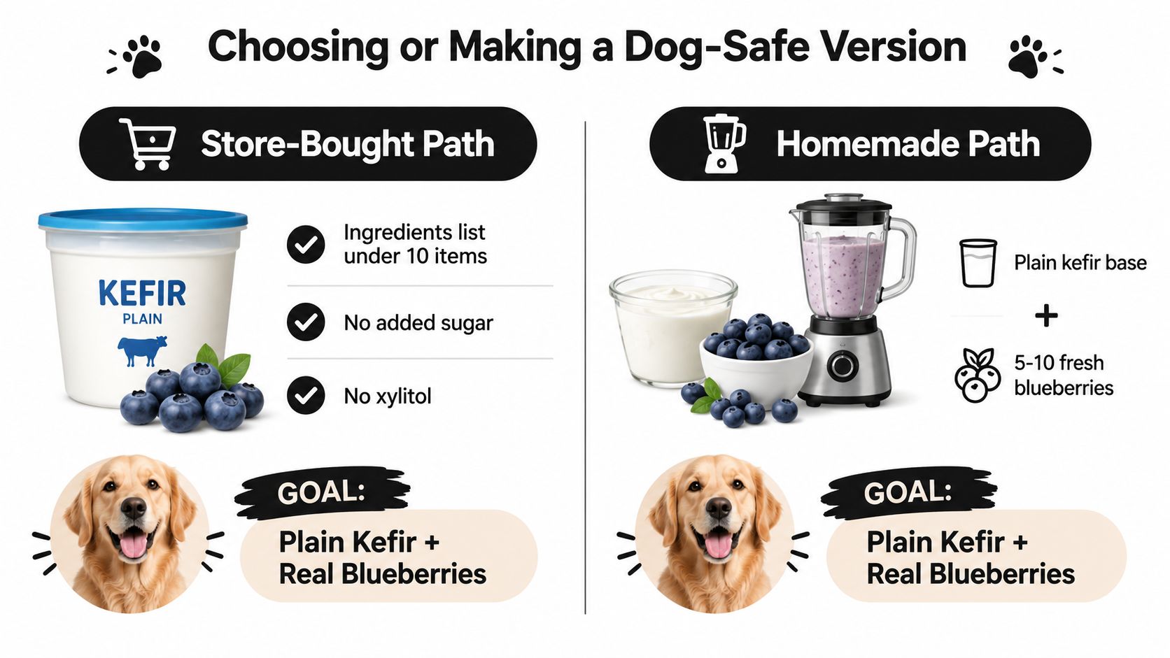 A guide showing how to choose store-bought or make homemade dog-safe blueberry kefir for pets.