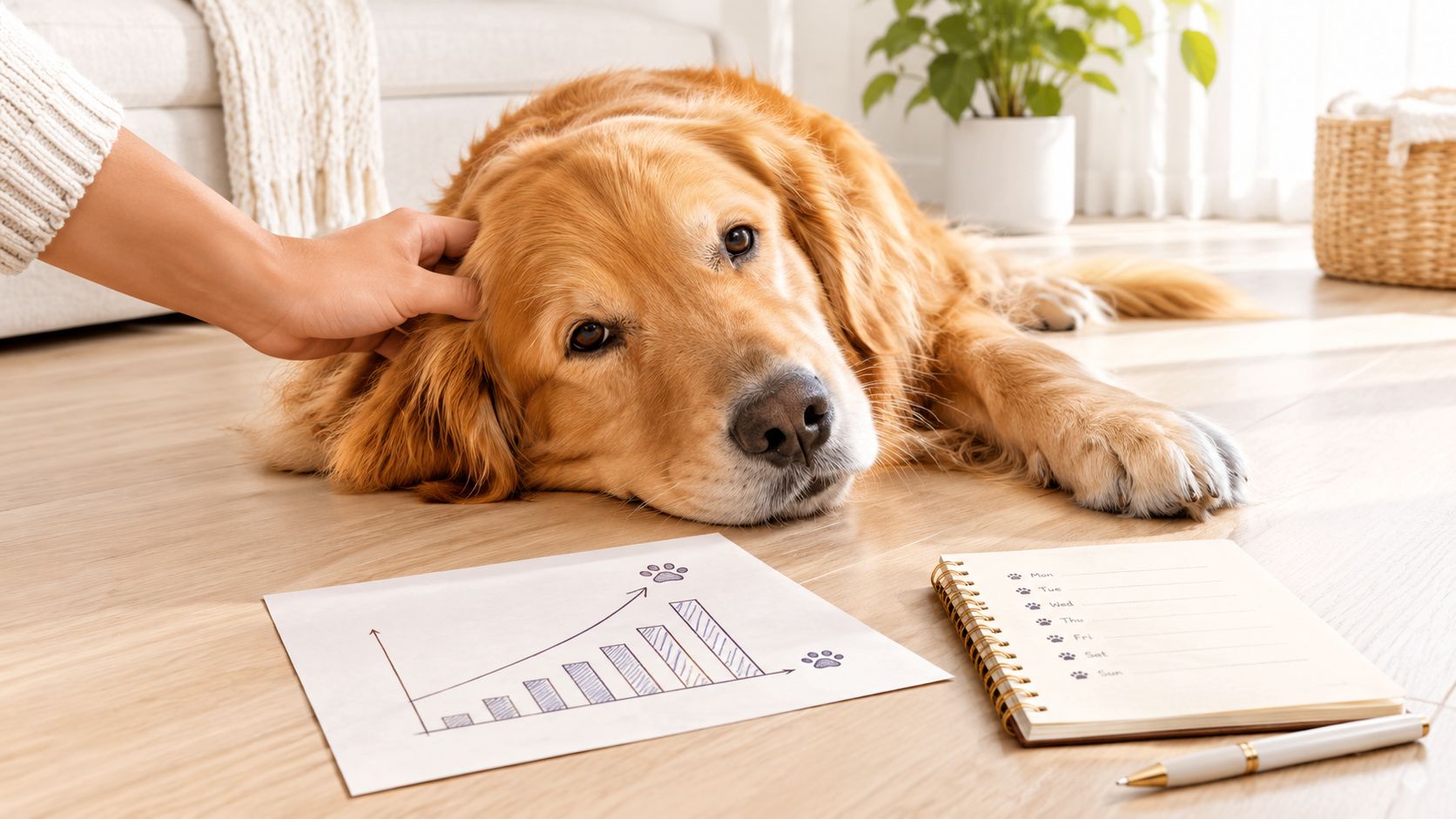 A golden retriever lies on the floor while a person pets its head near growth charts.