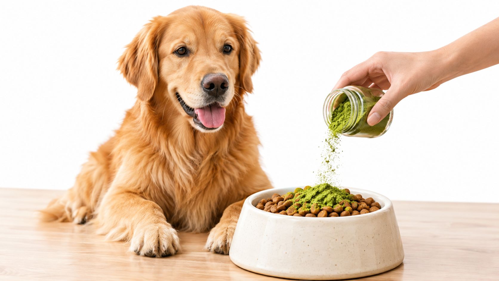 A golden retriever sitting beside a dog food bowl while a hand sprinkles green powder on it.