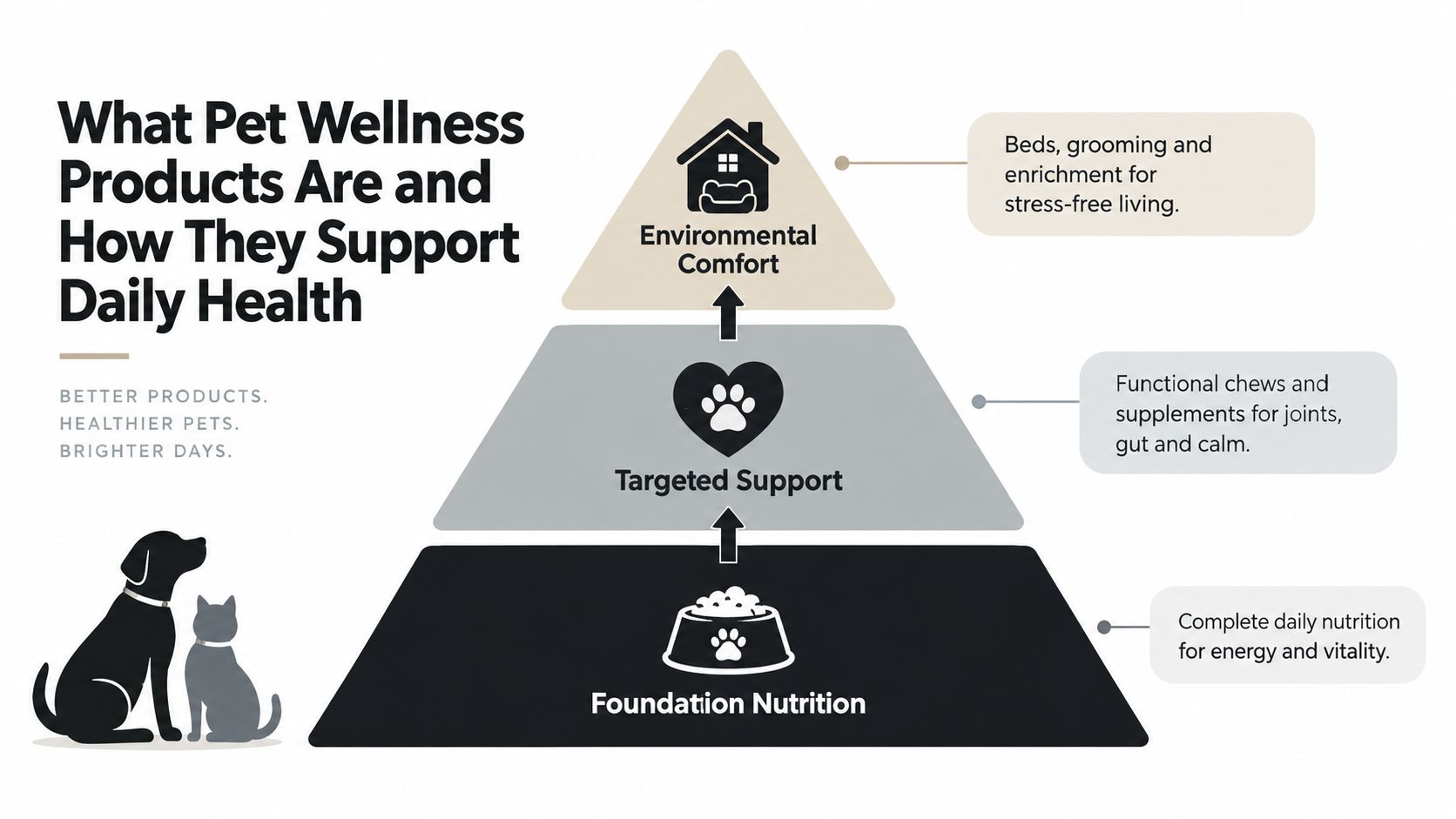 An infographic showing a three-tiered pyramid representing pet wellness products for foundation nutrition, targeted support, and environmental comfort.
