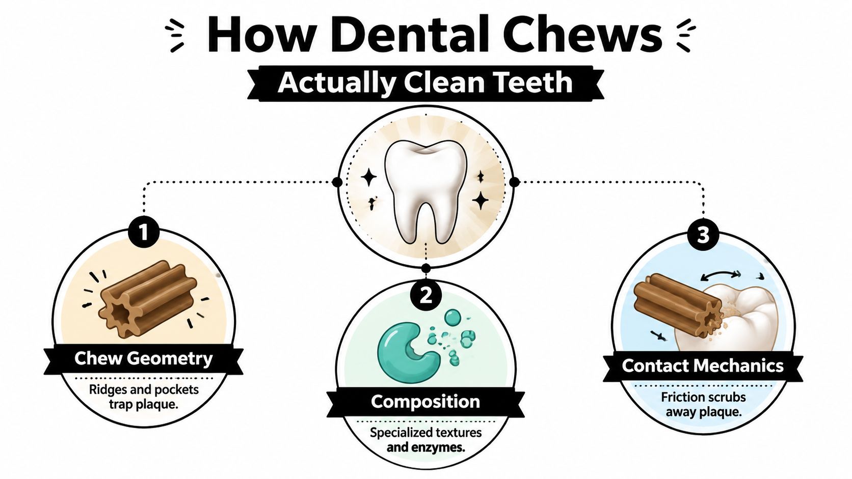 An infographic showing the three mechanisms of how dental chews clean dog teeth including geometry, composition, and friction.