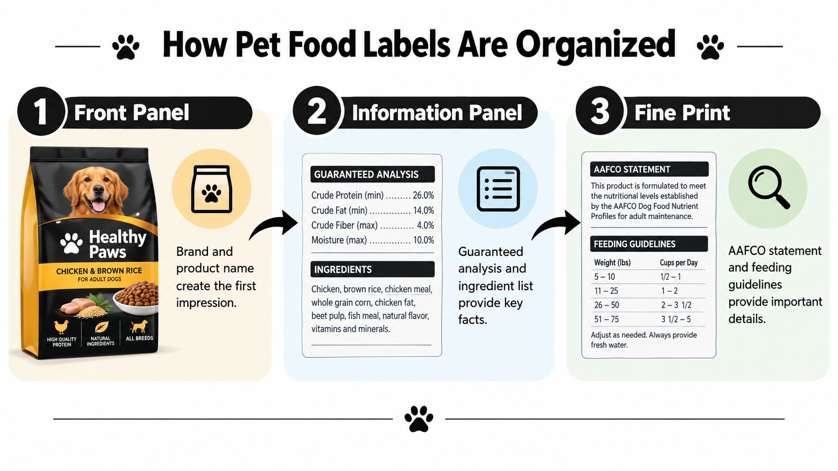 An infographic showing the three main sections of a pet food label including front, information, and fine print.