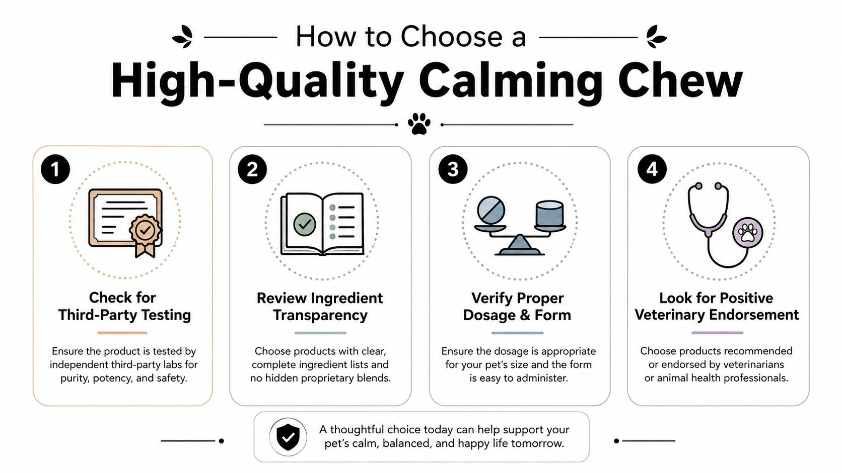 An infographic titled How to Choose a High-Quality Calming Chew featuring four steps for pet owners.