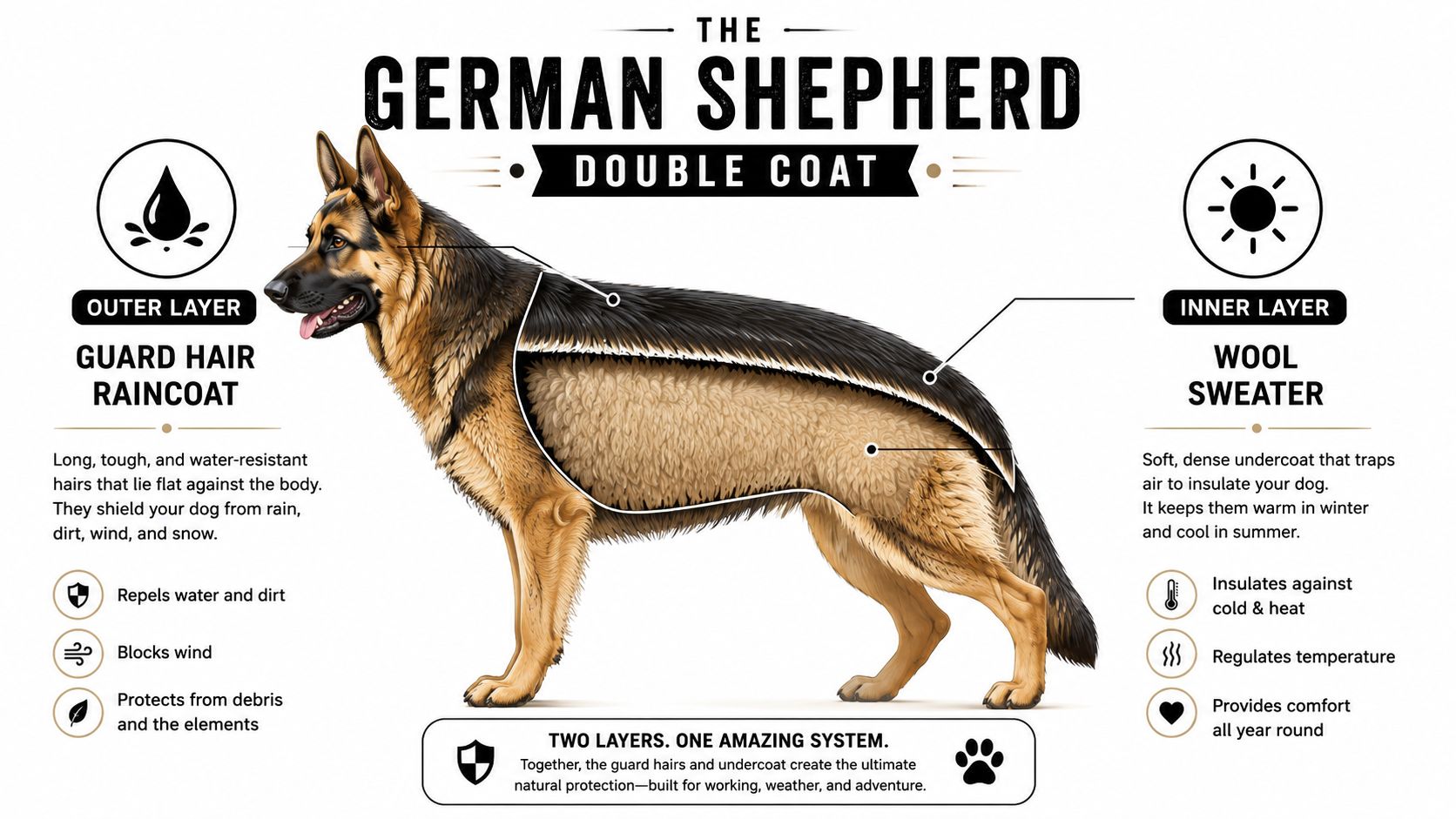 An educational infographic showing the double coat structure of a German Shepherd with labeled layers and descriptions.