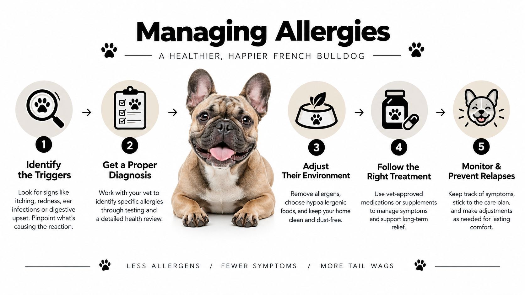 A step-by-step infographic guide on managing allergies for a healthy and happy French bulldog.