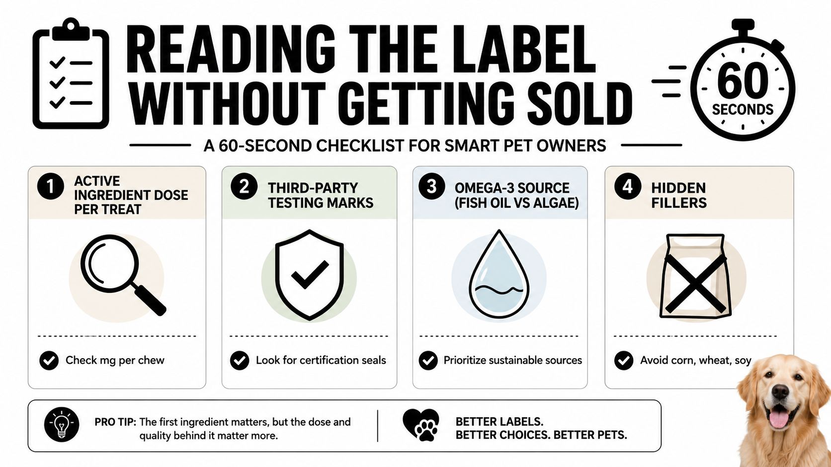 An infographic checklist guiding pet owners on how to read dog treat labels in sixty seconds.