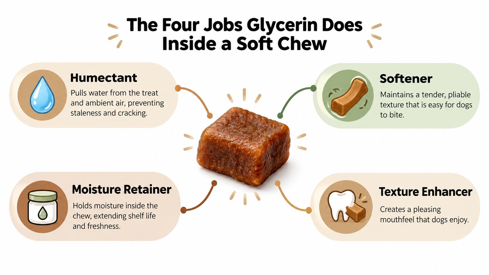An infographic showing the four primary functions of glycerin in soft dog treats, including texture and shelf-life benefits.