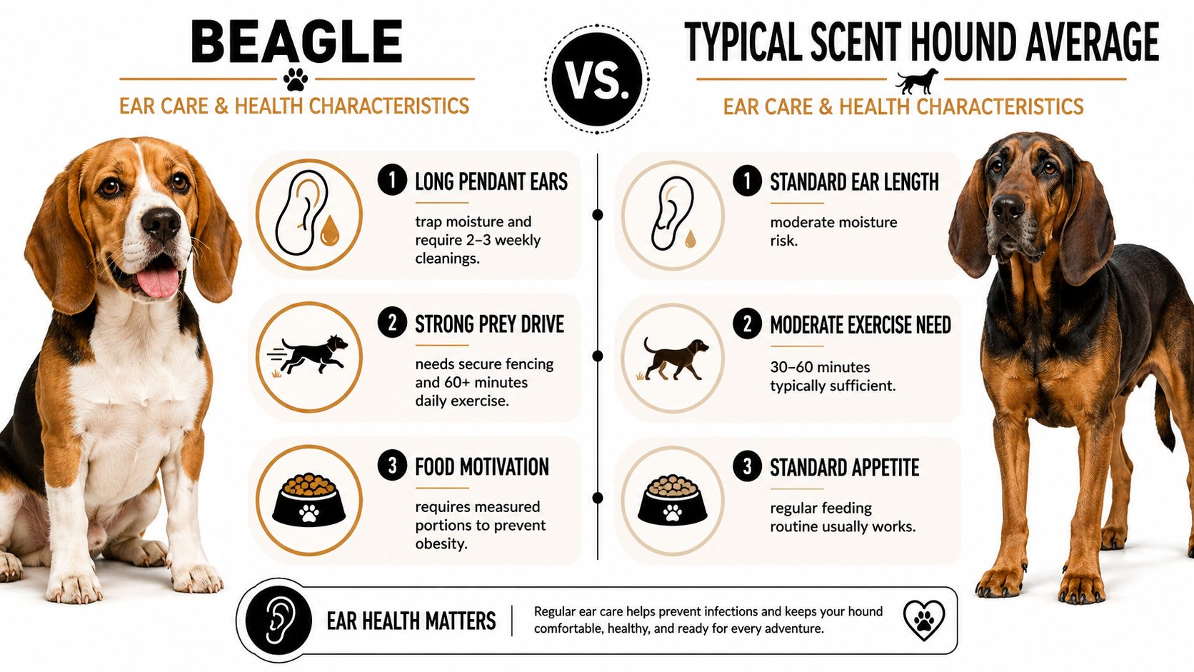 A comparison chart showing health and care differences between a Beagle and a typical scent hound.