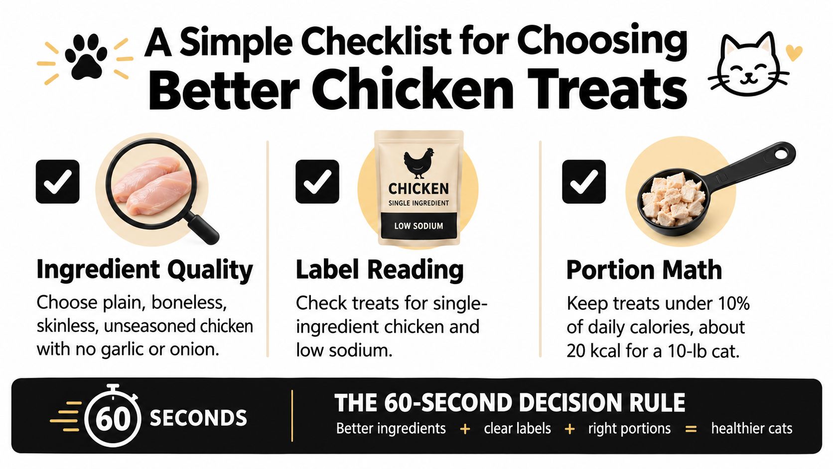 An infographic checklist for selecting healthy chicken treats for cats, highlighting ingredient quality, labels, and portions.