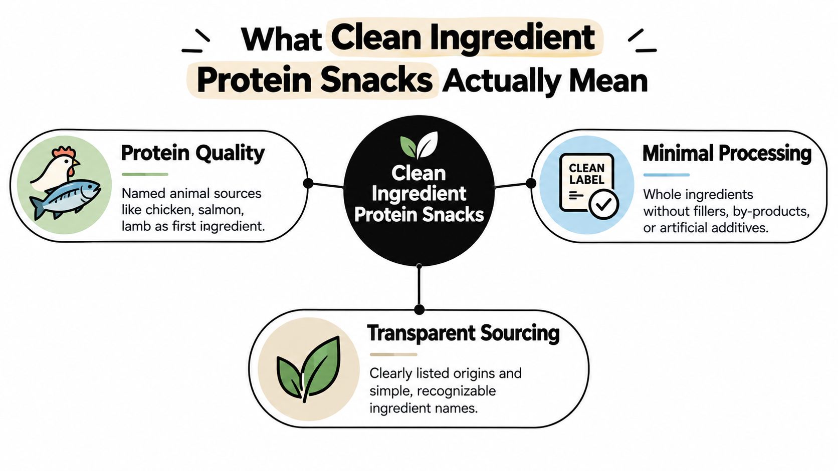 An infographic explaining the three pillars of clean ingredient protein snacks: quality, processing, and sourcing.