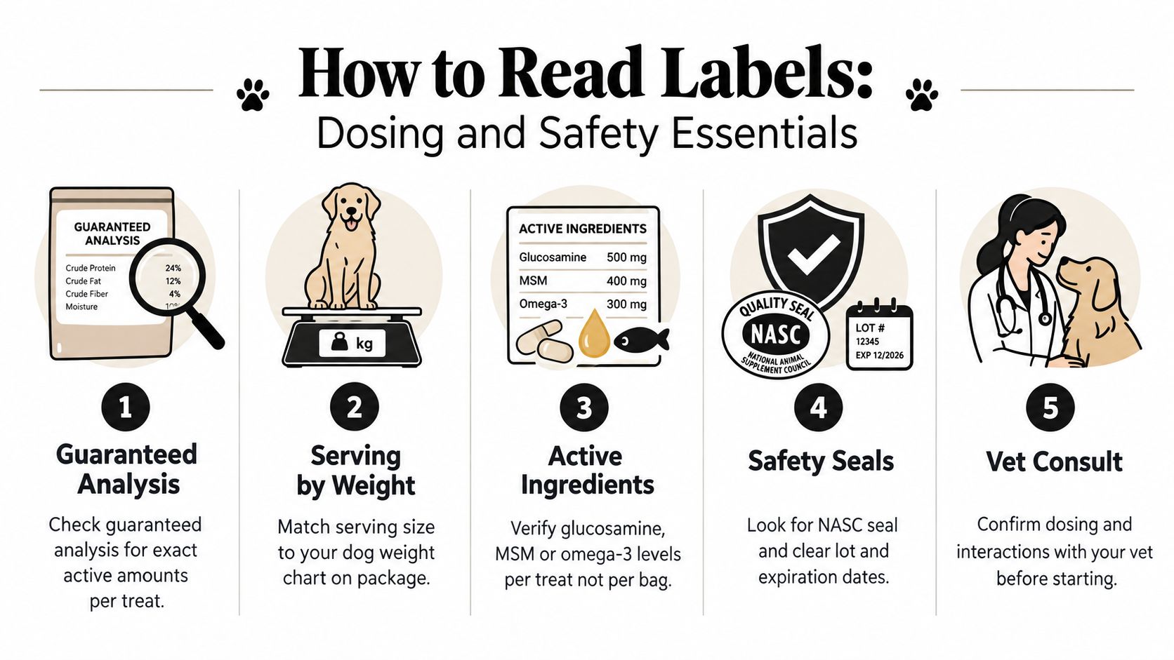 An infographic titled How to Read Labels for pet supplements, featuring five steps for dosing and safety.