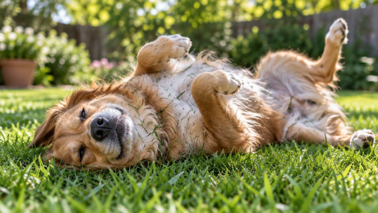 A happy golden retriever dog rolling on the green grass in a sunlit garden.