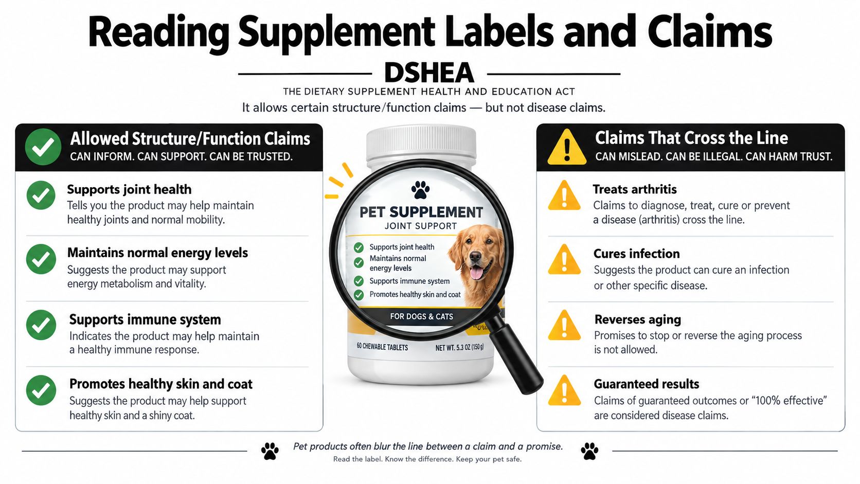 An infographic titled Reading Supplement Facts Panels and Claims explaining DSHEA regulations for pet supplement product marketing labels.