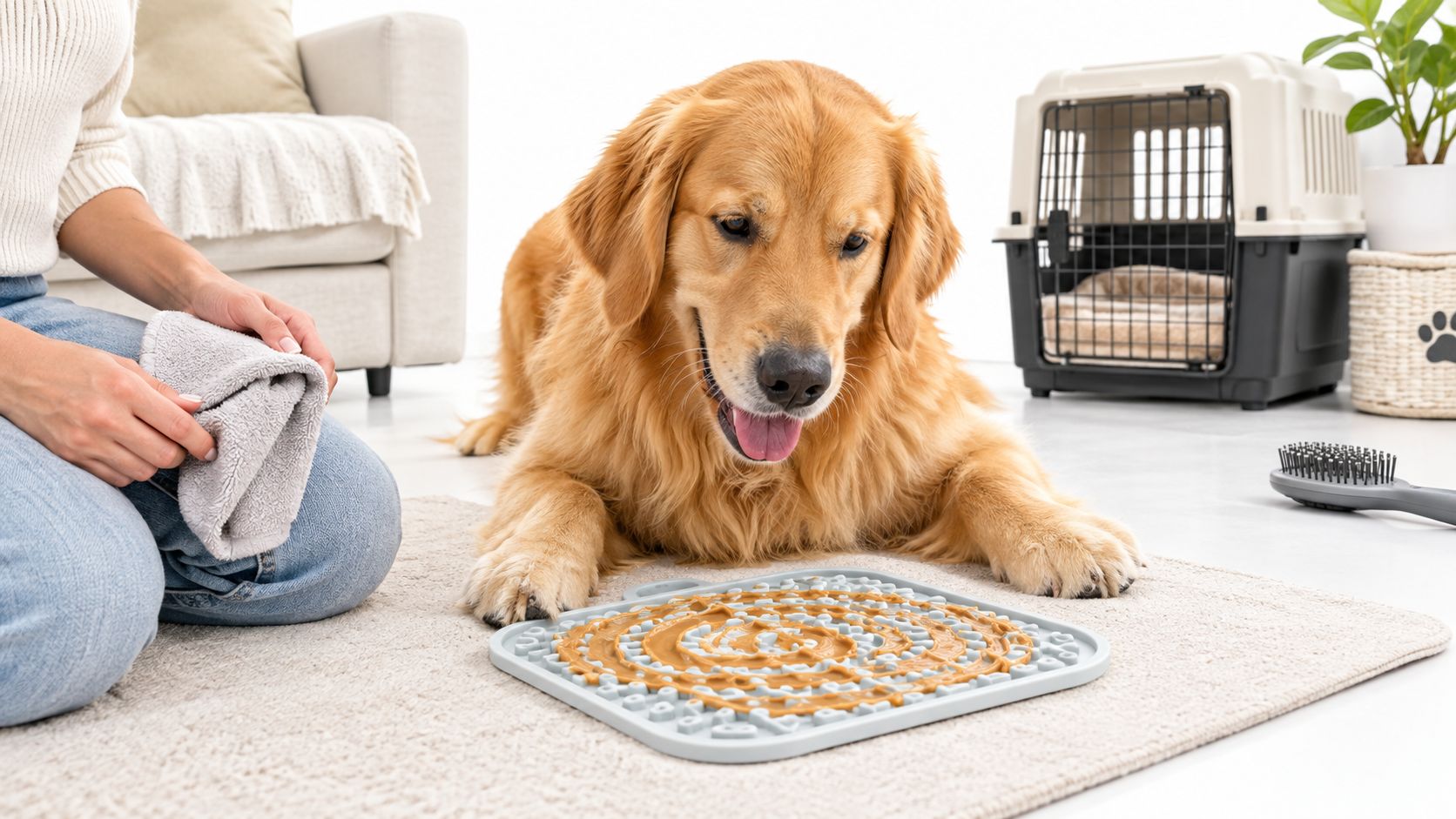 A golden retriever dog lying on a rug, happily licking peanut butter from a grey textured treat mat.
