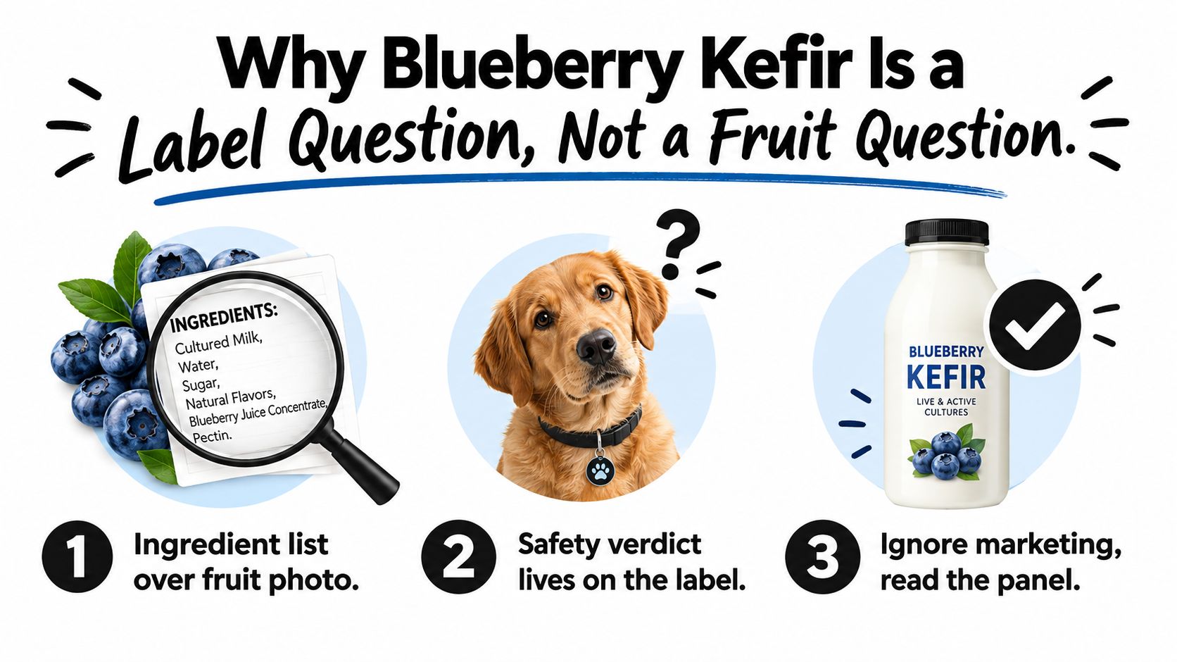 An infographic showing that owners should check ingredient labels instead of marketing photos for blueberry kefir safety.
