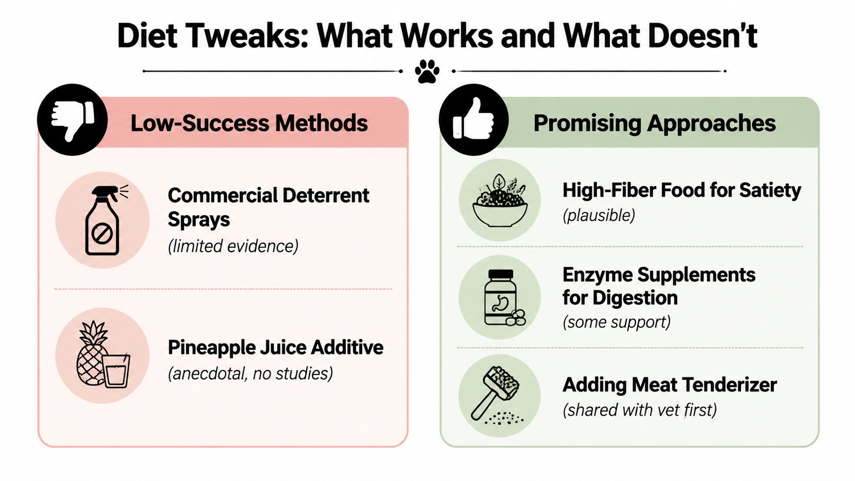 A chart comparing effective versus ineffective dietary methods for discouraging coprophagia in dogs, categorized by scientific evidence.
