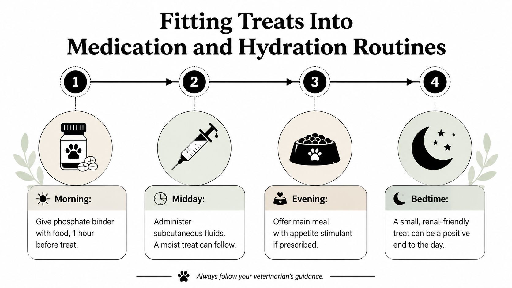 An infographic showing a four-step daily routine for administering medication, fluids, and treats to pets with kidney issues.