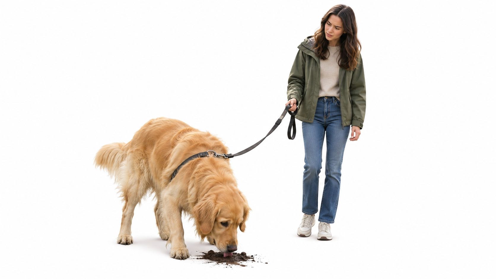A woman looks concerned while her golden retriever dog licks a pile of mud on the ground.