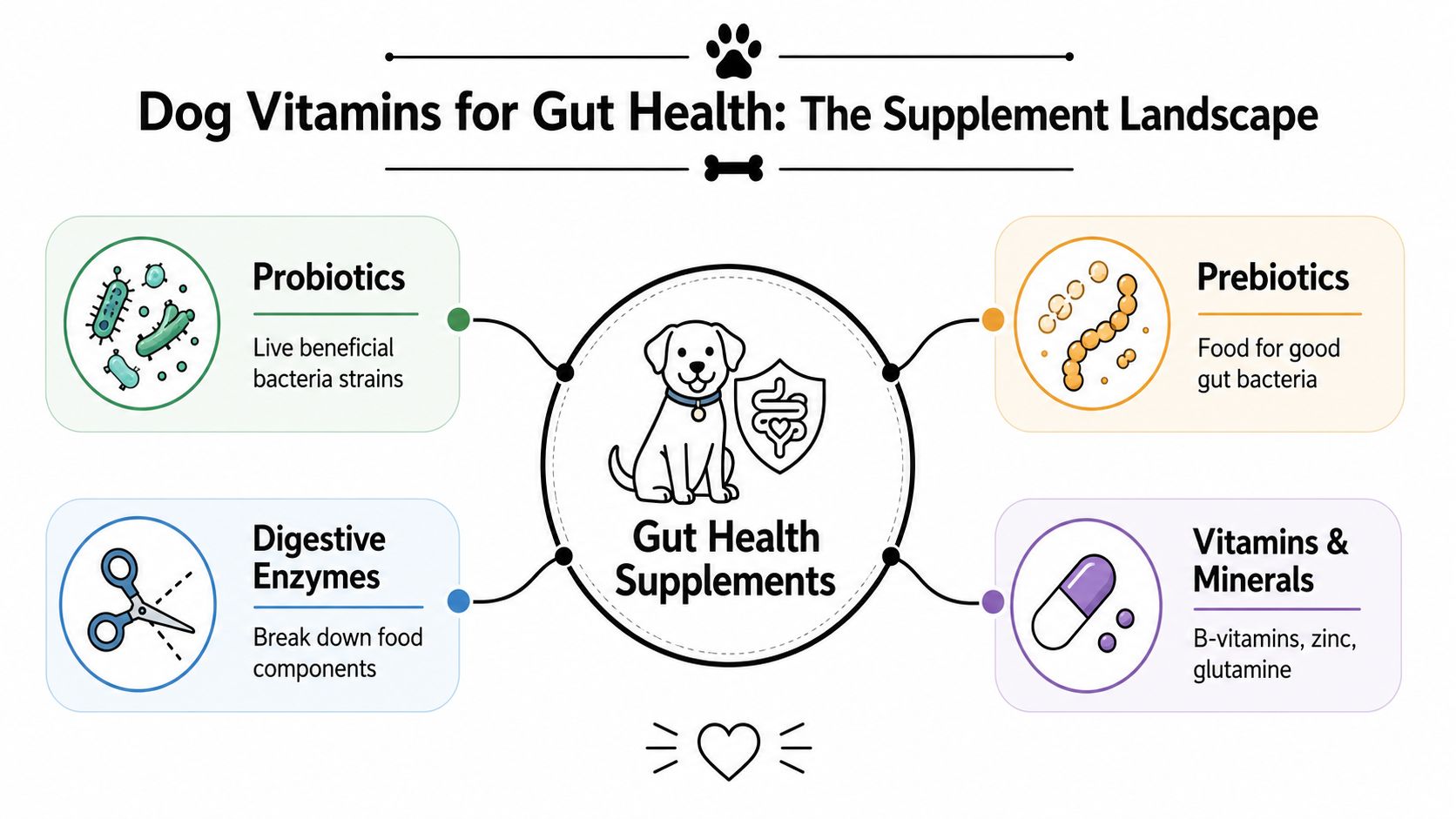 A diagram explaining dog gut health supplements including probiotics, prebiotics, digestive enzymes, and essential vitamins and minerals.