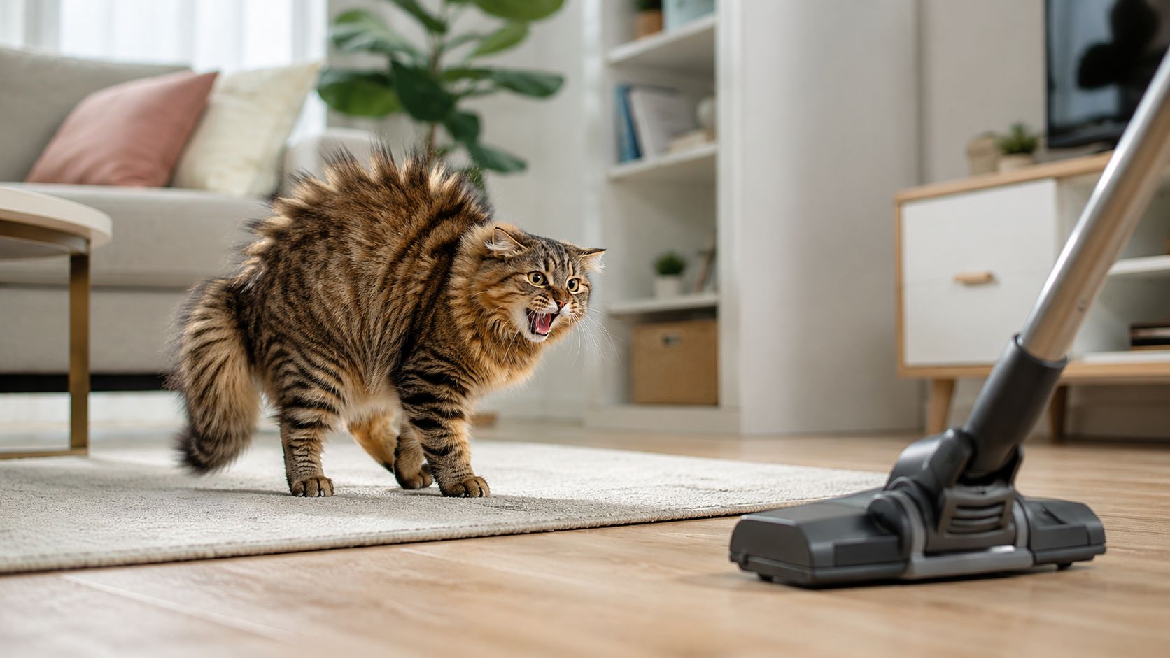 A scared, aggressive tabby cat with fur standing on end facing a vacuum cleaner in the living room.