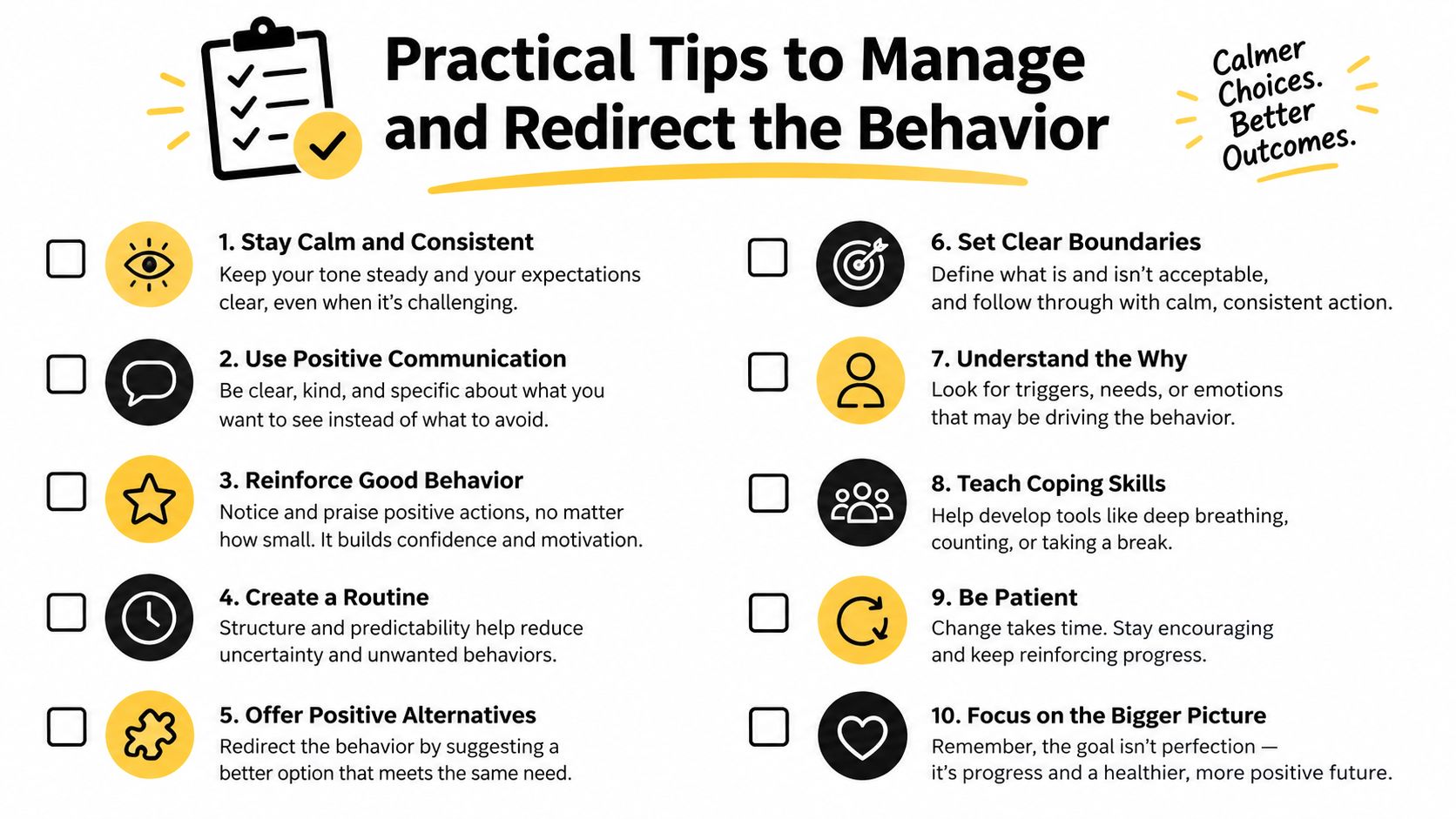 A helpful infographic listing ten practical tips for managing and redirecting challenging behaviors in children.