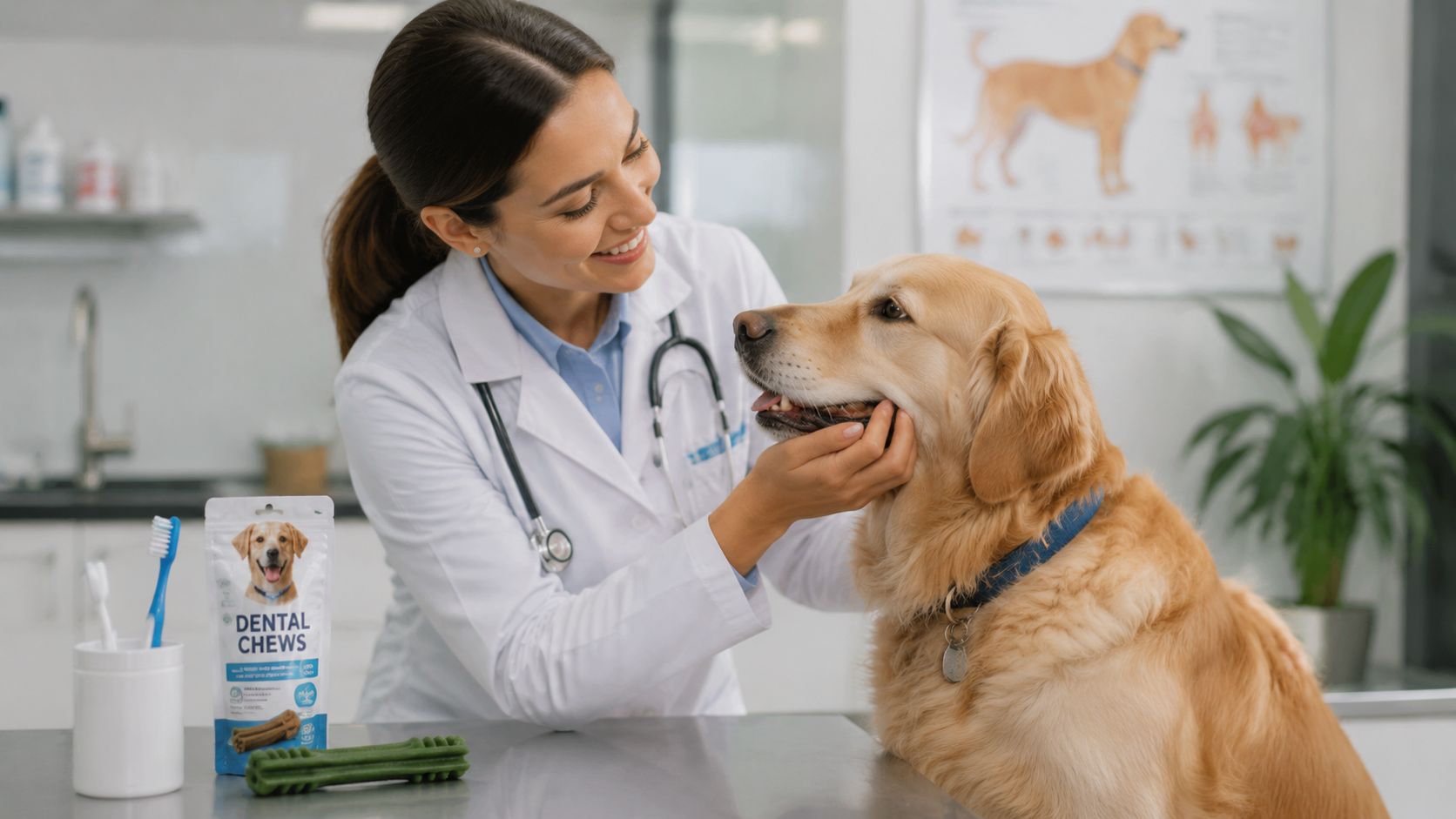 A smiling veterinarian in a white coat examines the teeth of a friendly golden retriever dog.