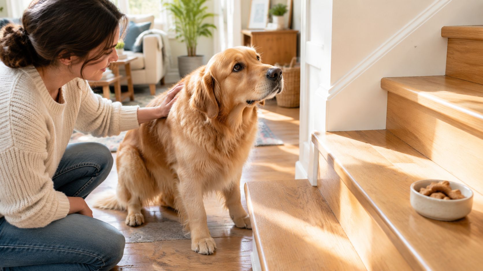 A young woman pets her golden retriever sitting near the stairs beside a bowl of dog treats