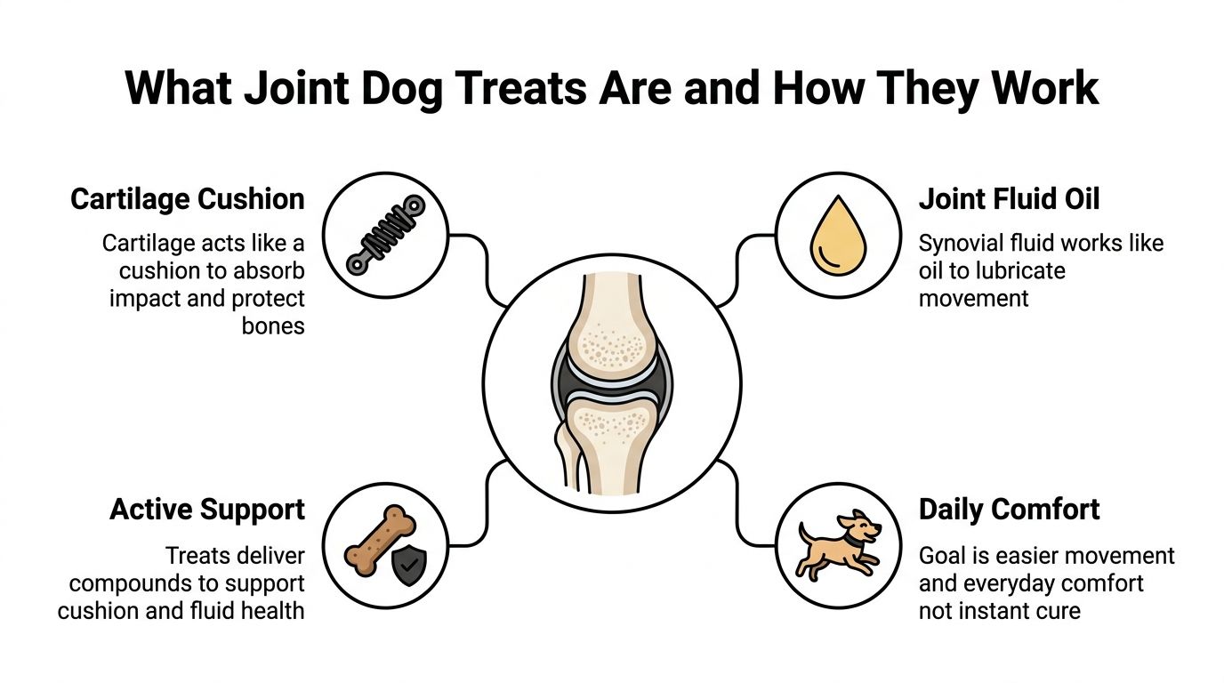 A diagram explaining how joint health dog treats support cartilage, synovial fluid, active mobility, and daily comfort.