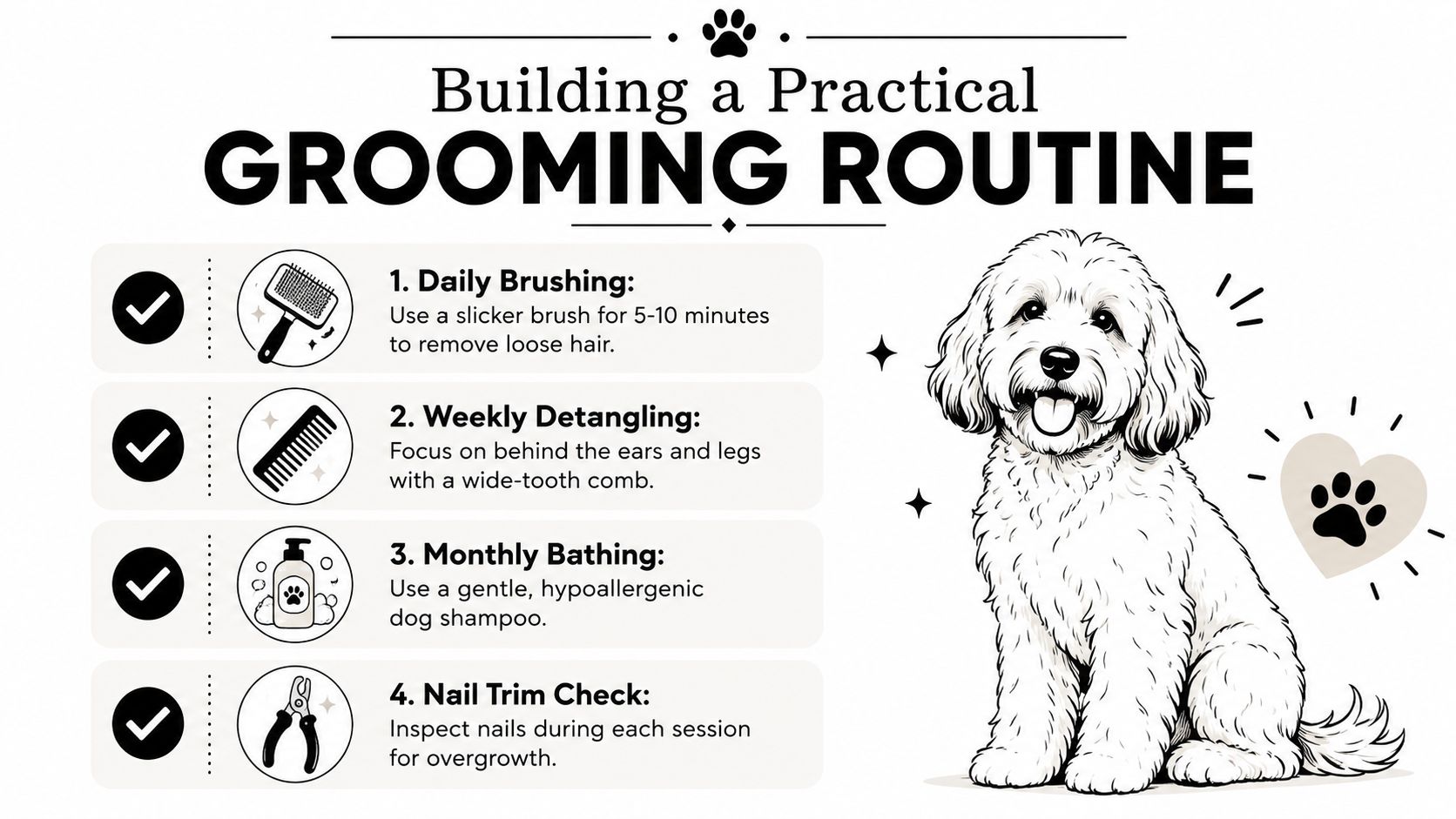 A helpful infographic illustration detailing a four-step dog grooming routine featuring a happy doodle dog.